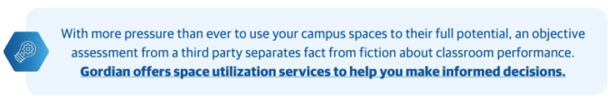 With more pressure than ever to use your campus spaces to their full potential, an objective assessment from a third party separates fact from fiction about classroom performance. Gordian offers space utilization services to help you make informed decisions.