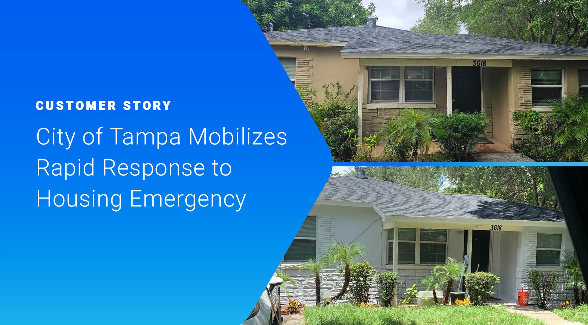 A white ranch home with a new roof, above which is overlayed the text “City of Tampa Mobilizes Rapid Response to Housing Emergency”