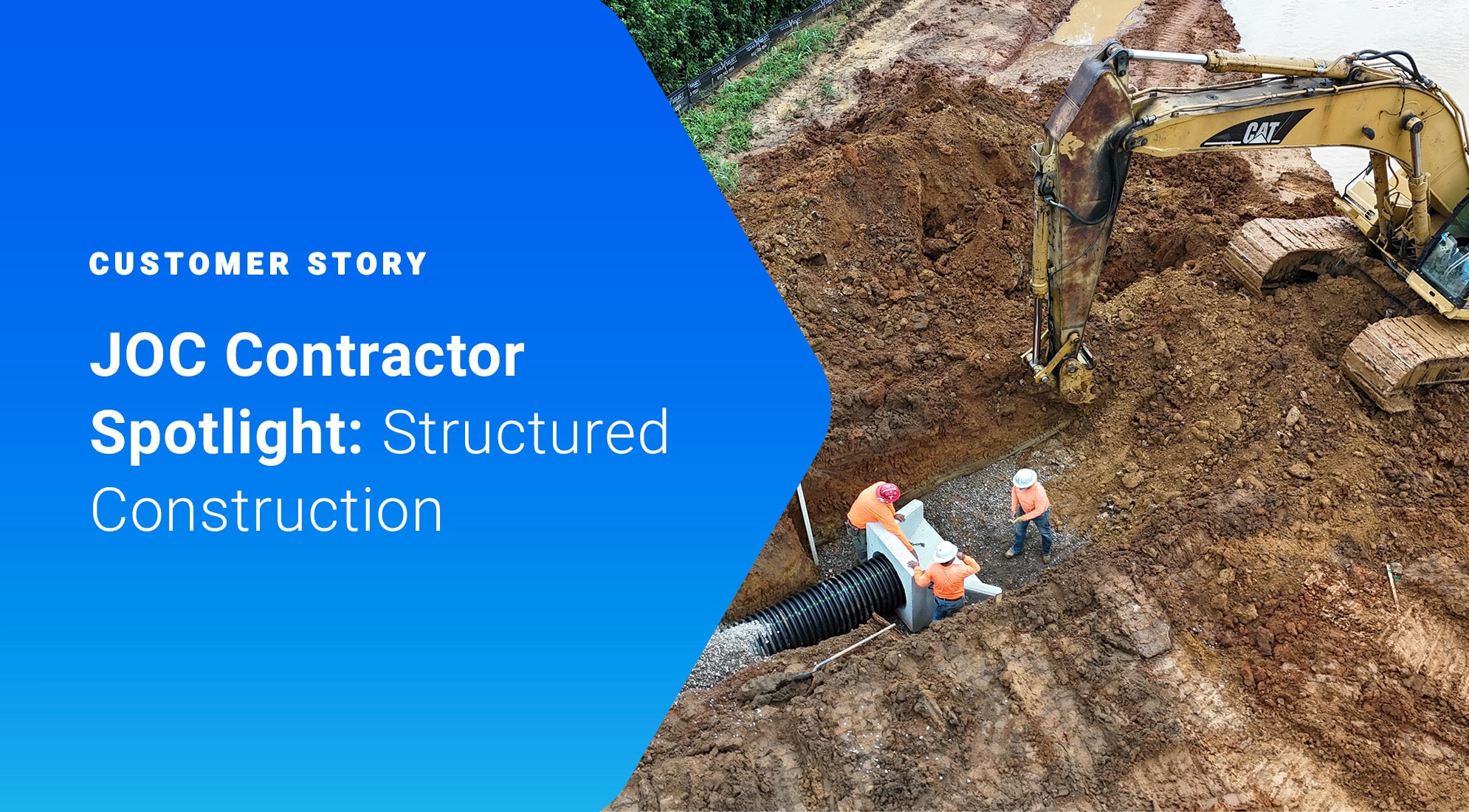 Backhoe on a construction site with several workers digging in what appears to be a large trench.