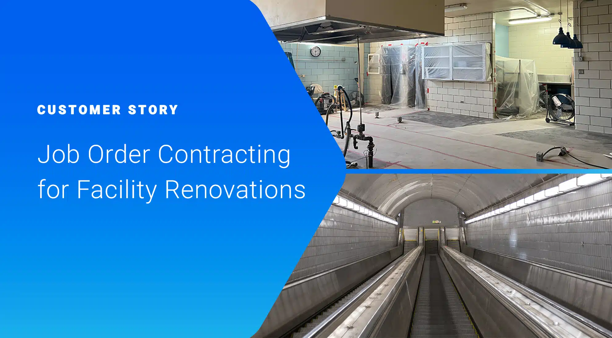 Pre-renovation interiors of a train station and school cafeteria, showcasing the potential for using Job Order Contracting for facility renovations.