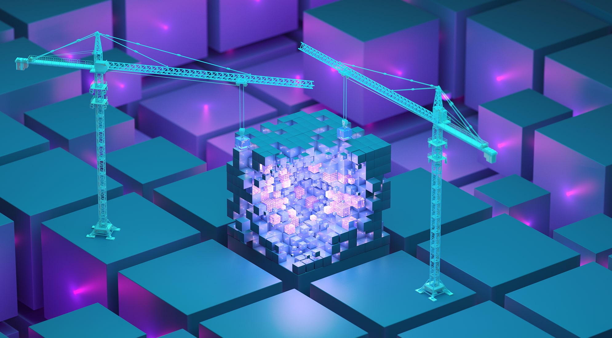 A 3D rendering of a cube with a construction crane positioned on top, showcasing a modern industrial scene.